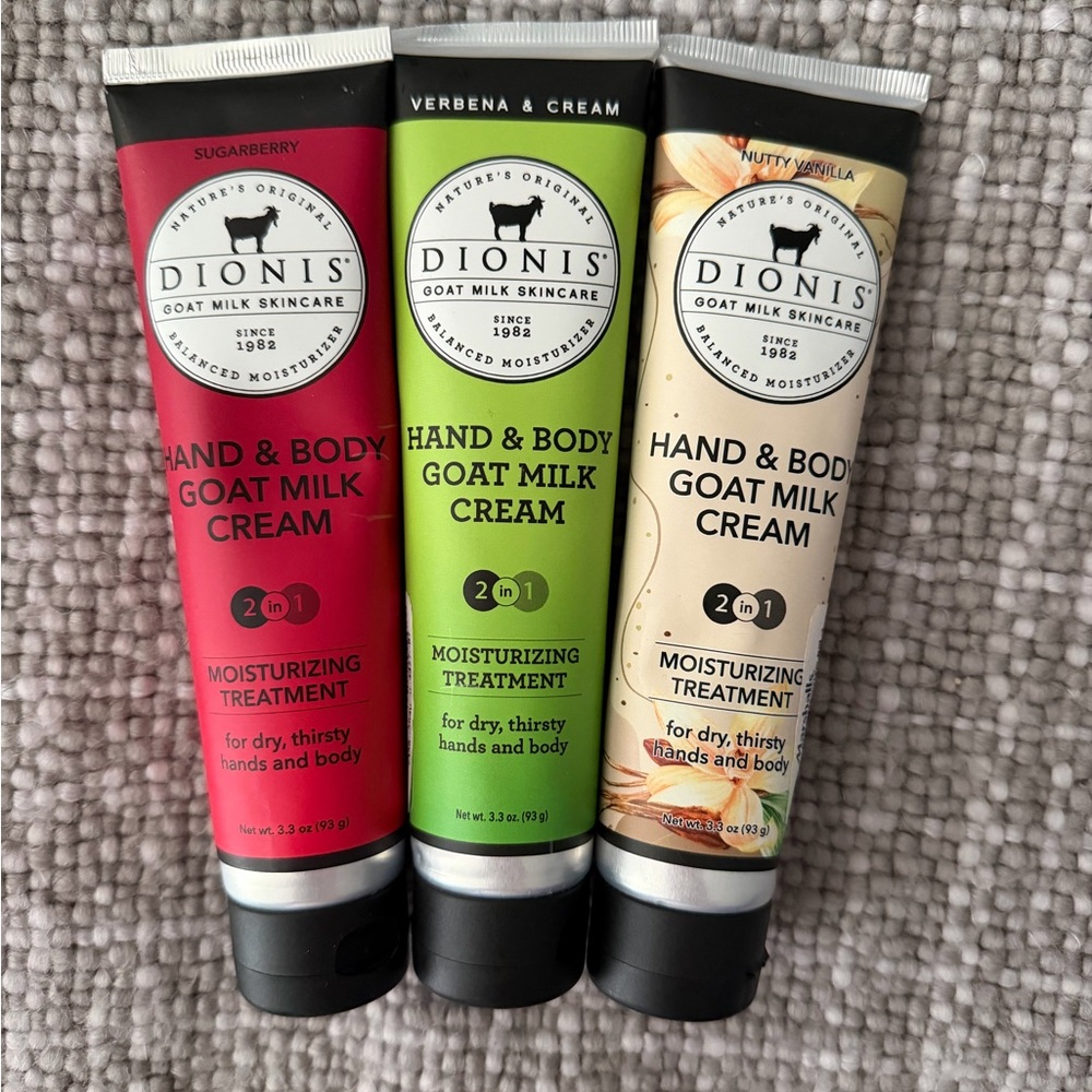 3-DIONIS~GOAT MILK~Verbena & Cream~Nutty Vanilla ~Sugarberry Hand & Body Cream